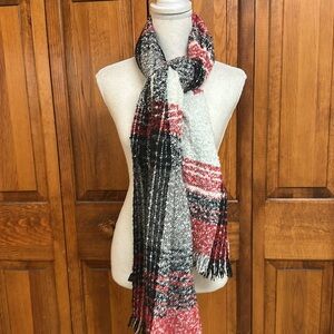 Red White Black Plaid Scarf Wrap Shawl Fringed EUC
